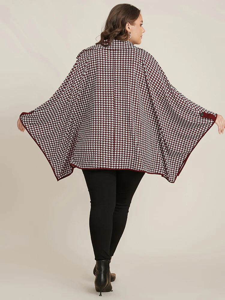 Houndstooth Contrast Dolman Sleeve Suit Collar Belted Coat - Image 3