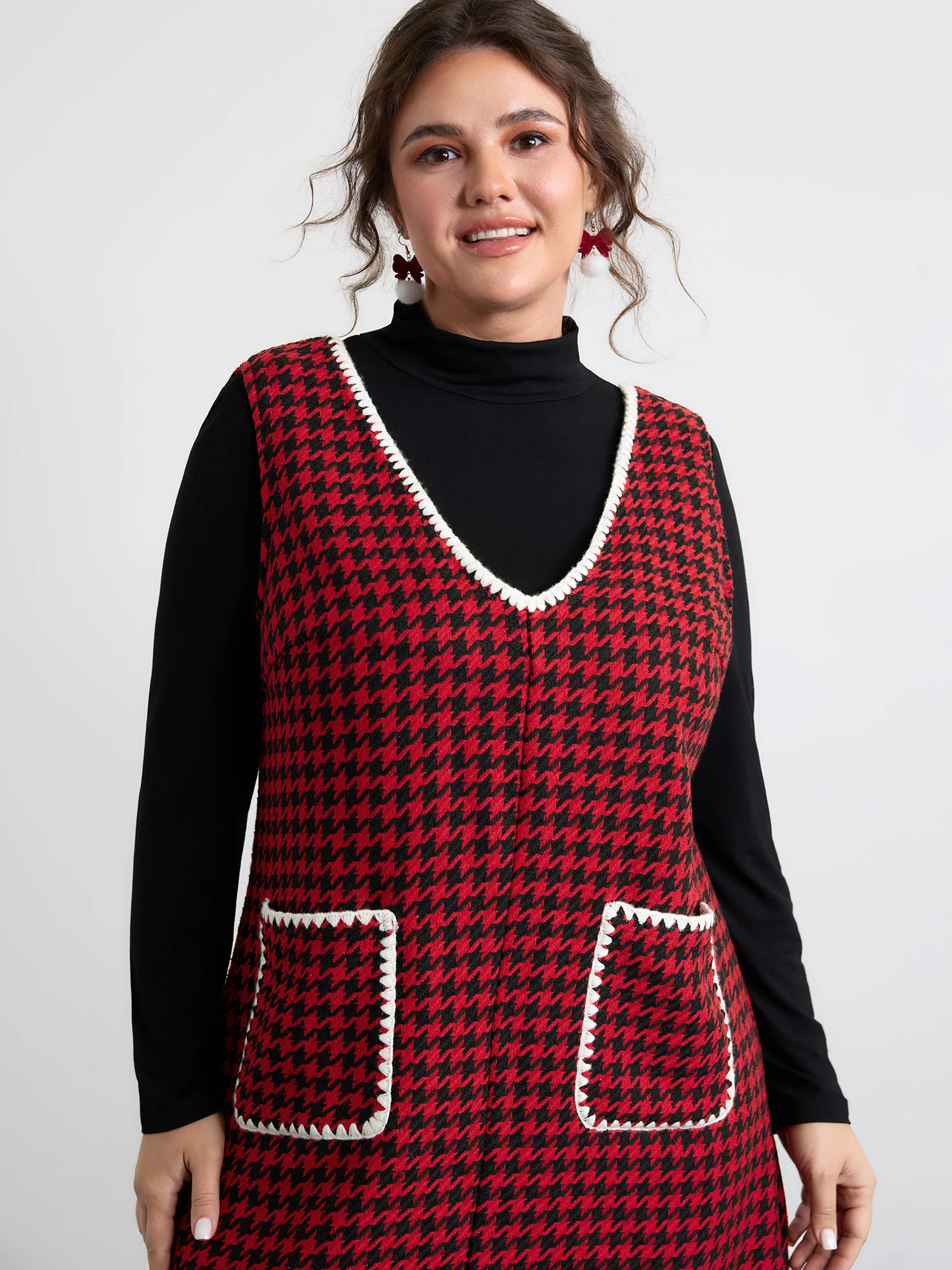 Houndstooth Embroidery Patch Pockets Dress - Image 2