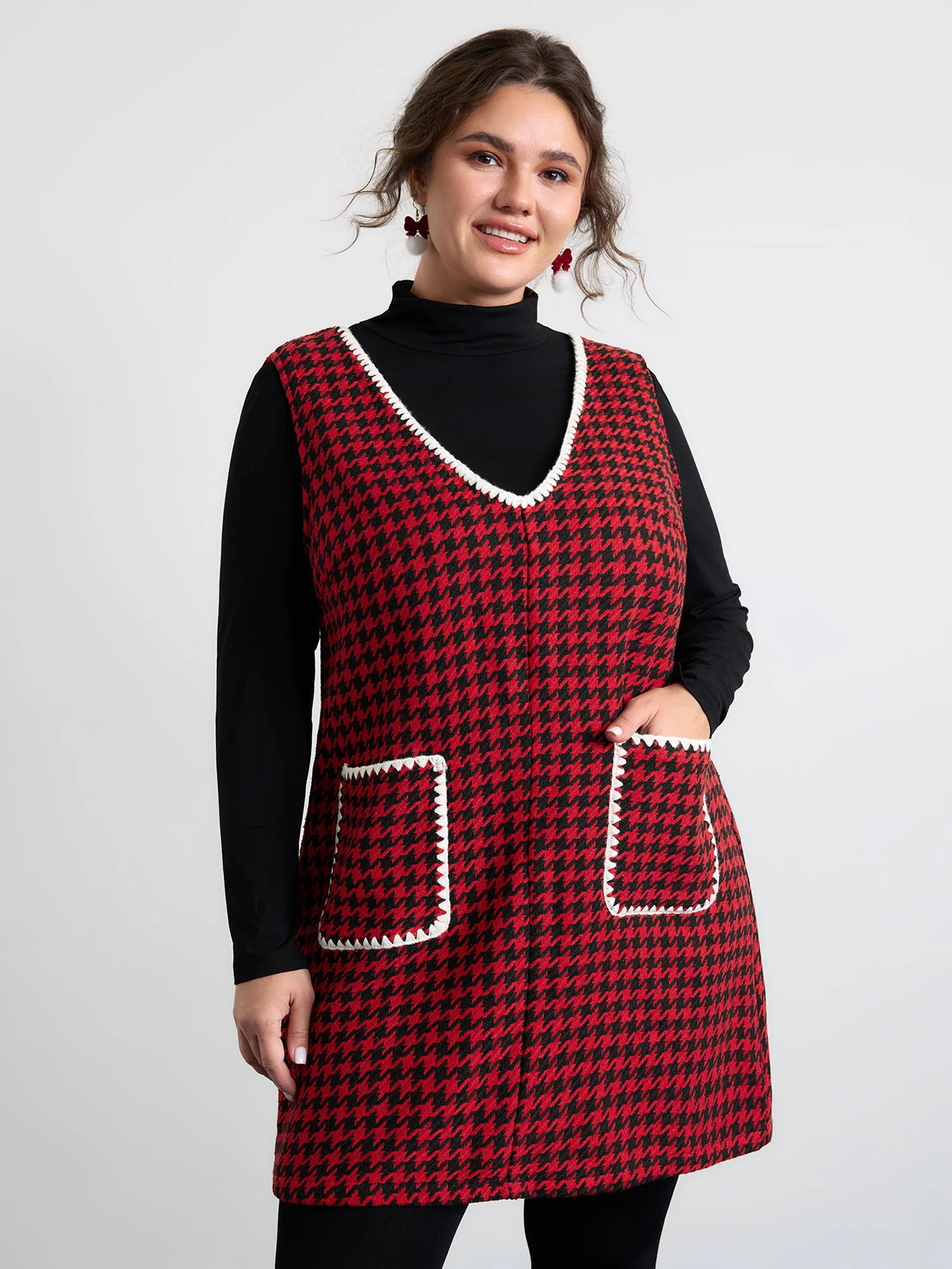Houndstooth Embroidery Patch Pockets Dress - Image 3
