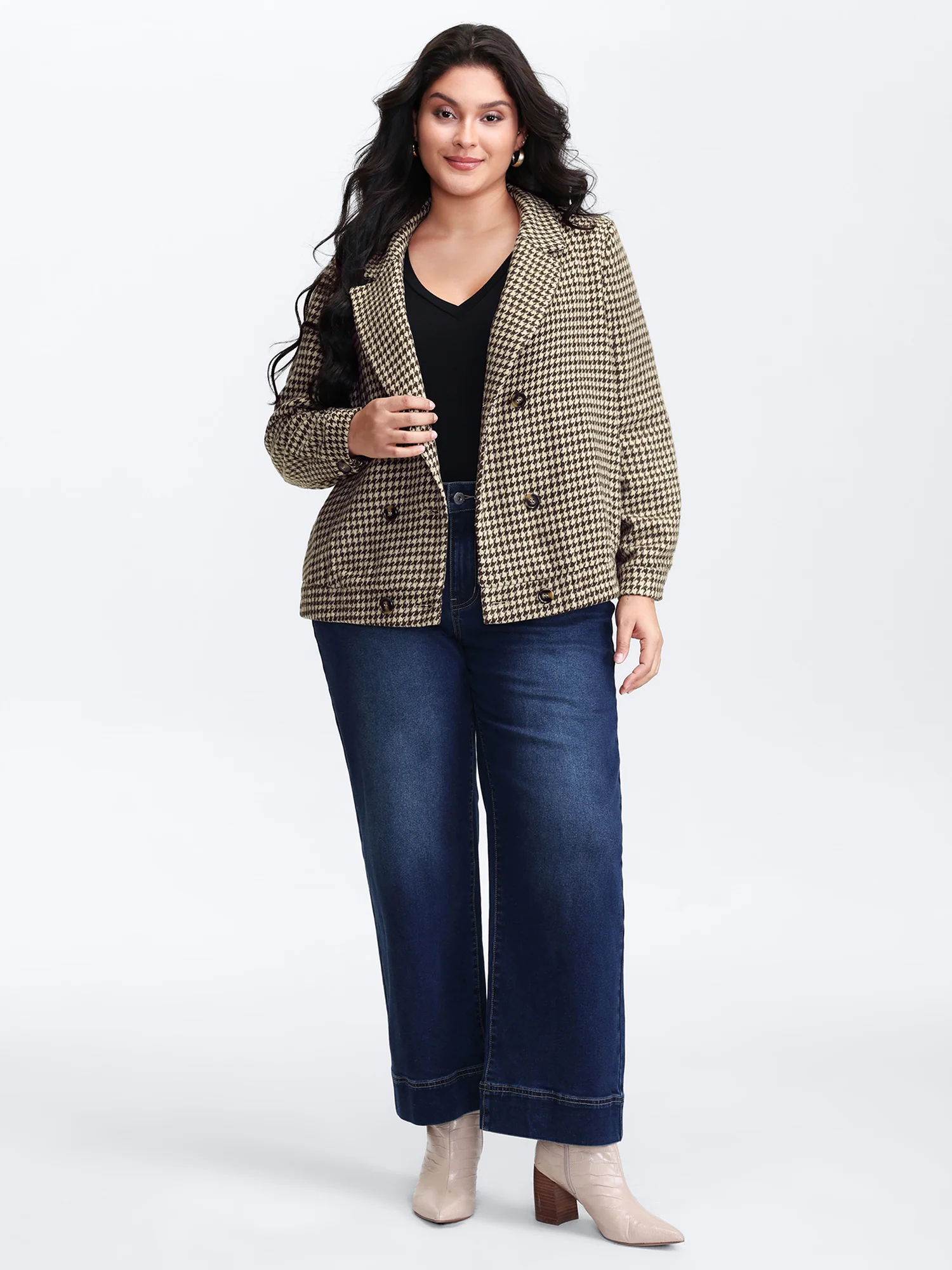 Houndstooth Fleece Pockets Button Jacket - Image 3
