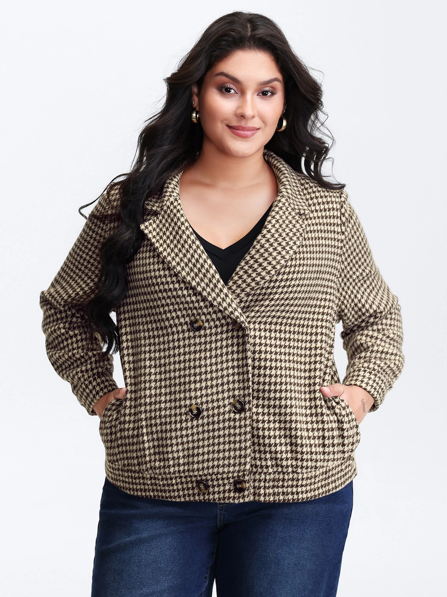 Houndstooth Fleece Pockets Button Jacket - Image 4