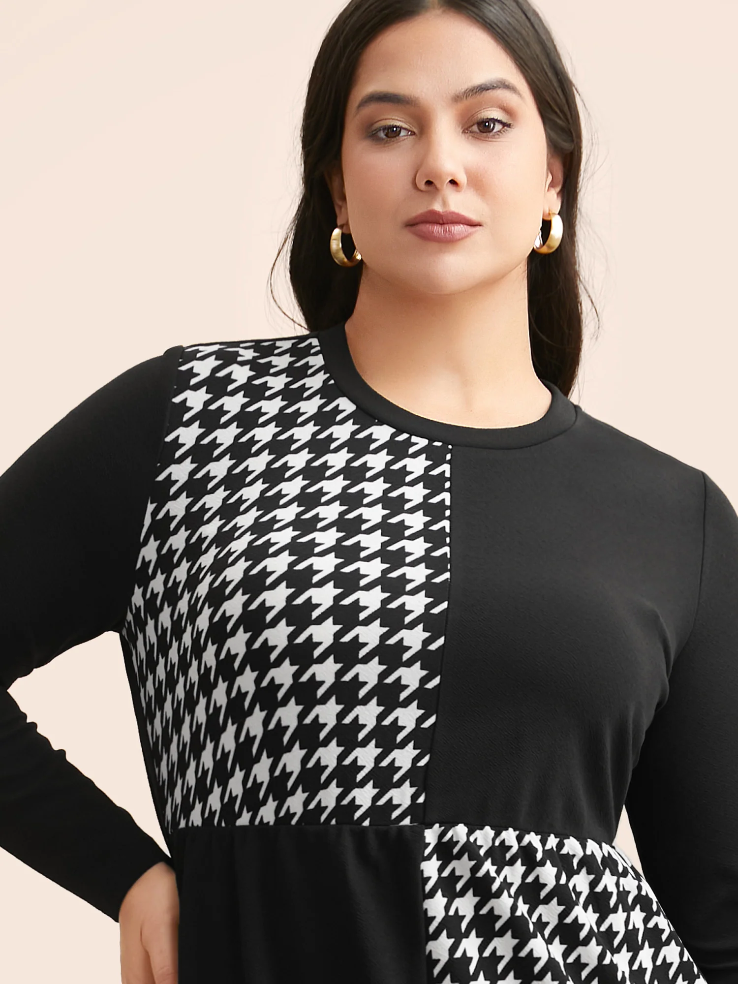 Houndstooth Patchwork Elastic Waist Dress - Image 2