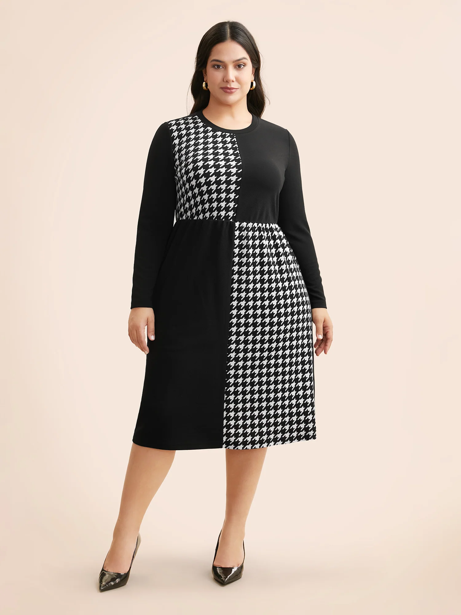 Houndstooth Patchwork Elastic Waist Dress - Image 3
