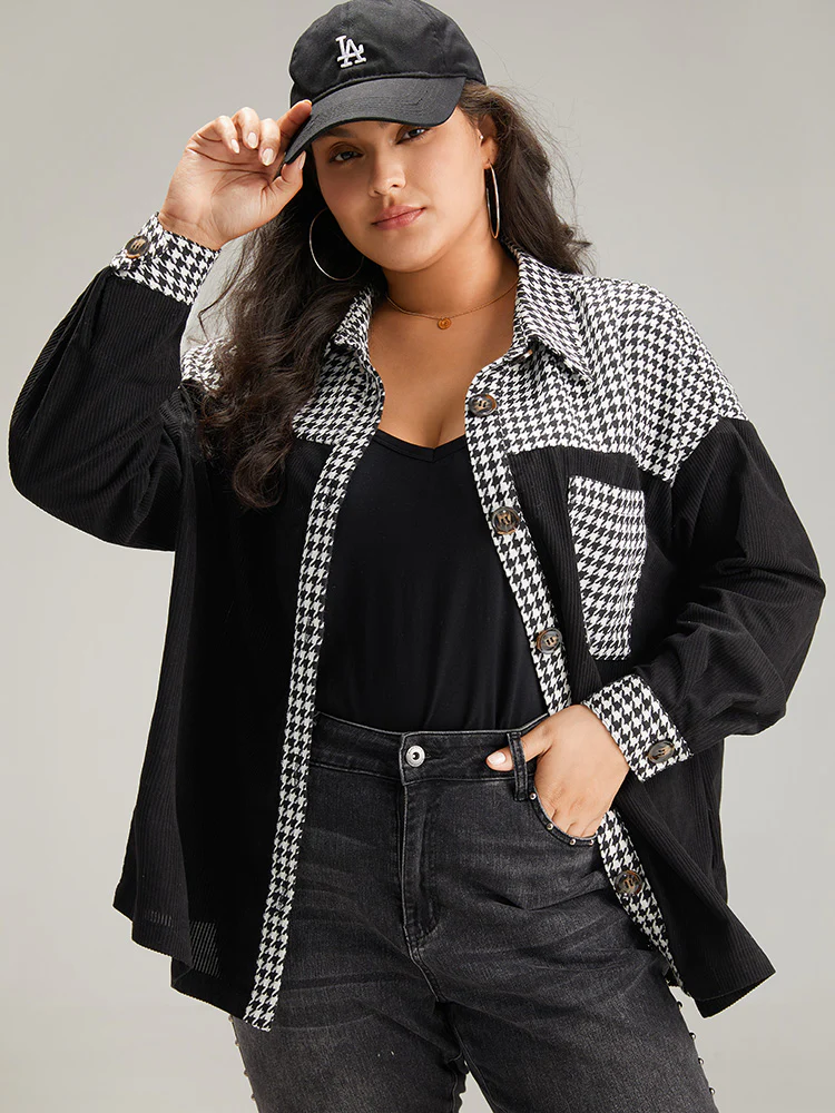 Houndstooth Patchwork Pocket Button Through Corduroy Coat - Image 2