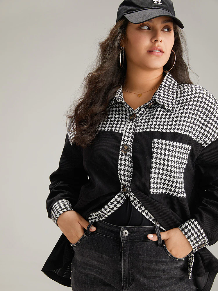 Houndstooth Patchwork Pocket Button Through Corduroy Coat - Image 3