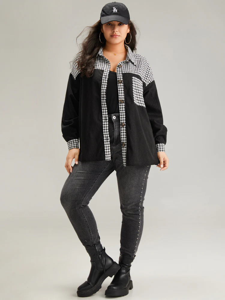 Houndstooth Patchwork Pocket Button Through Corduroy Coat - Image 4