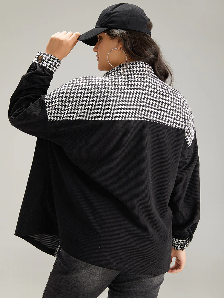 Houndstooth Patchwork Pocket Button Through Corduroy Coat - Image 5