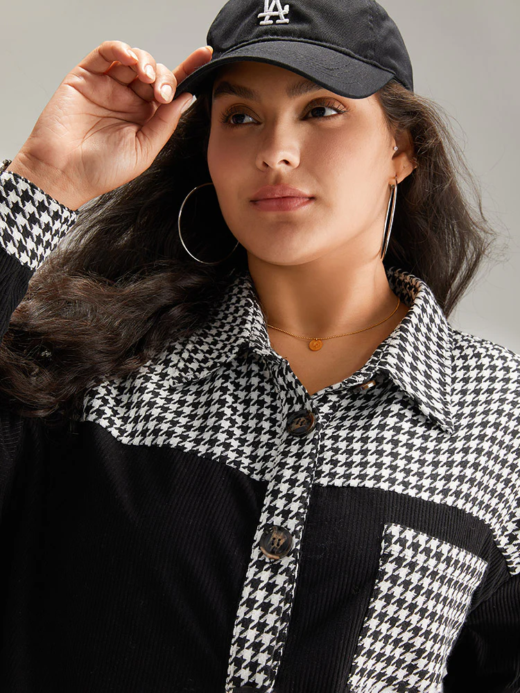 Houndstooth Patchwork Pocket Button Through Corduroy Coat - Image 6