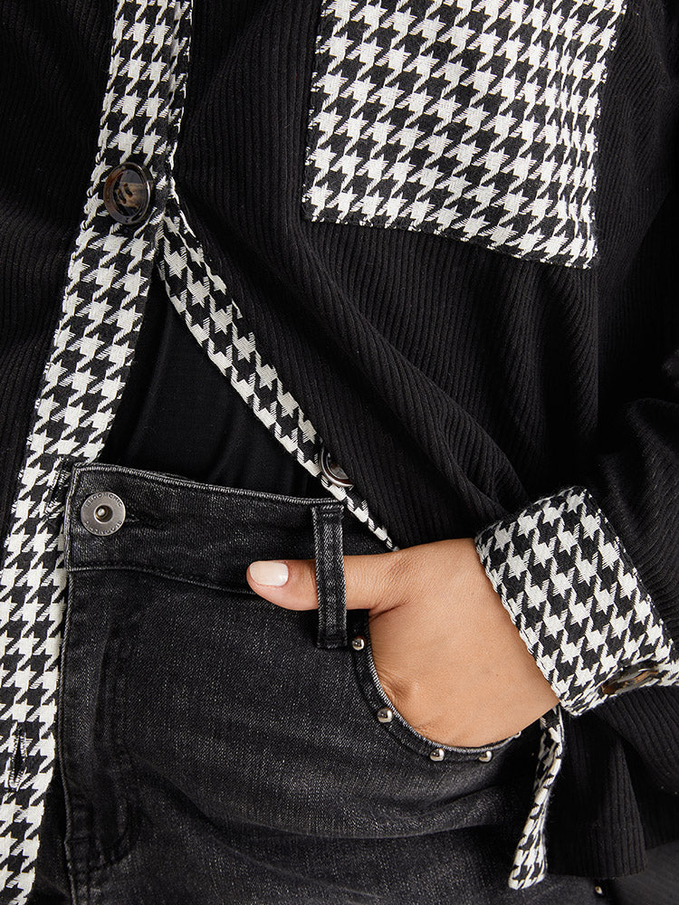 Houndstooth Patchwork Pocket Button Through Corduroy Coat - Image 7