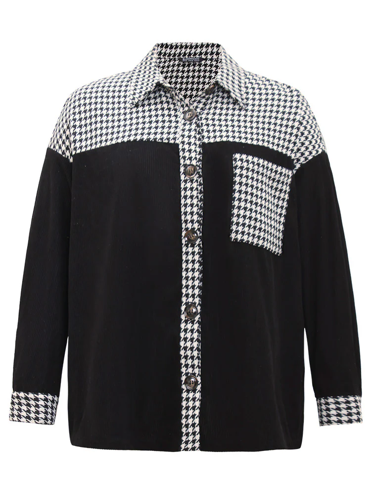 Houndstooth Patchwork Pocket Button Through Corduroy Coat - Image 8