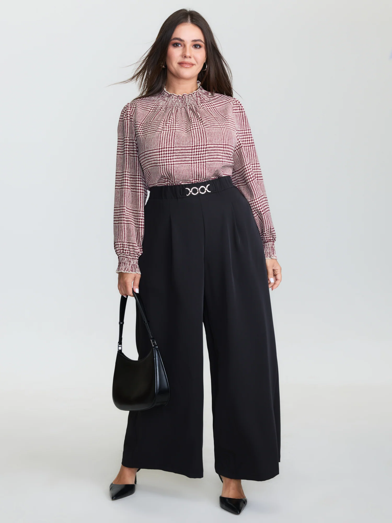 Houndstooth Pattern Ruffled Collar Blouse - Image 2