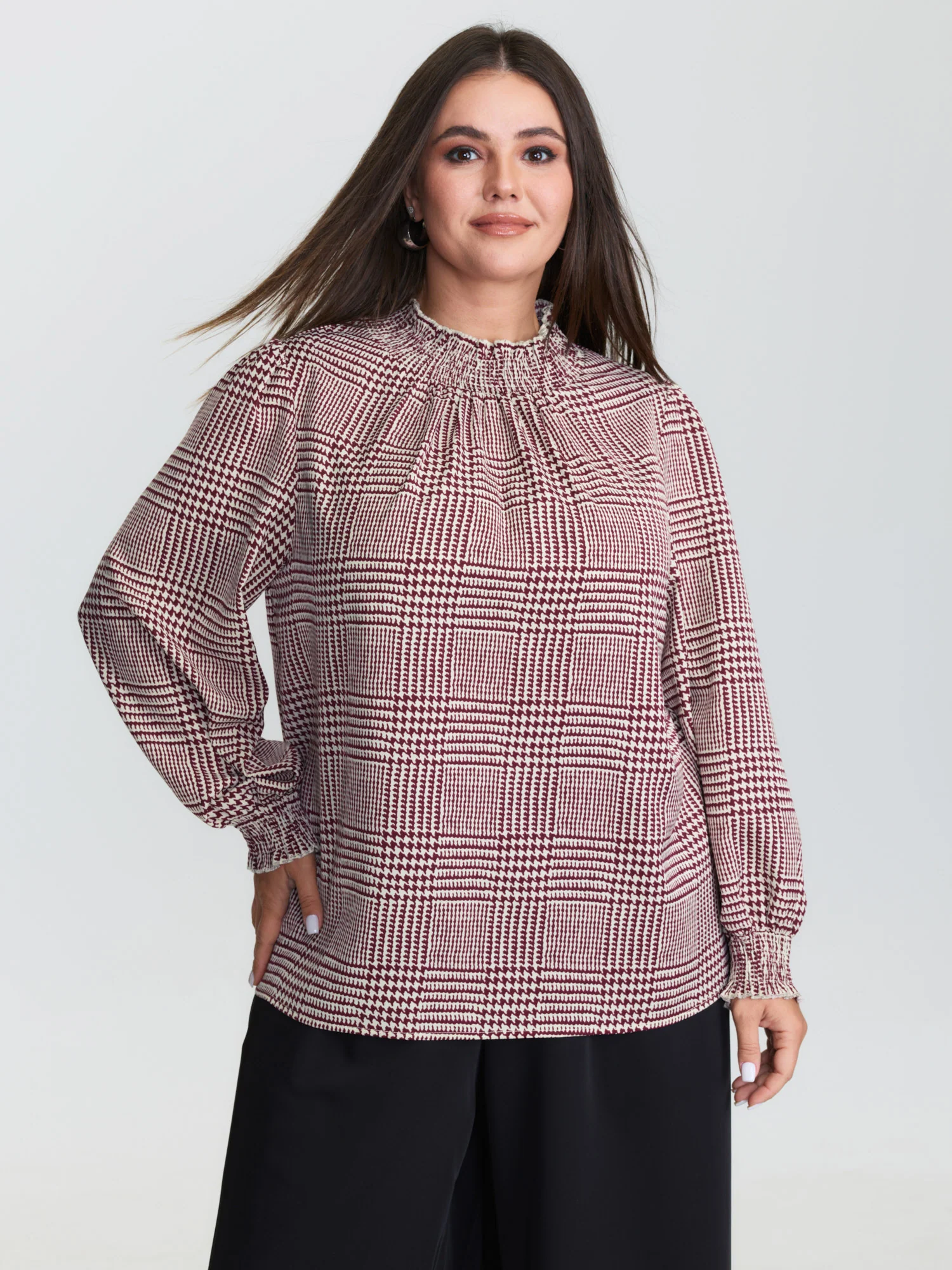 Houndstooth Pattern Ruffled Collar Blouse - Image 3