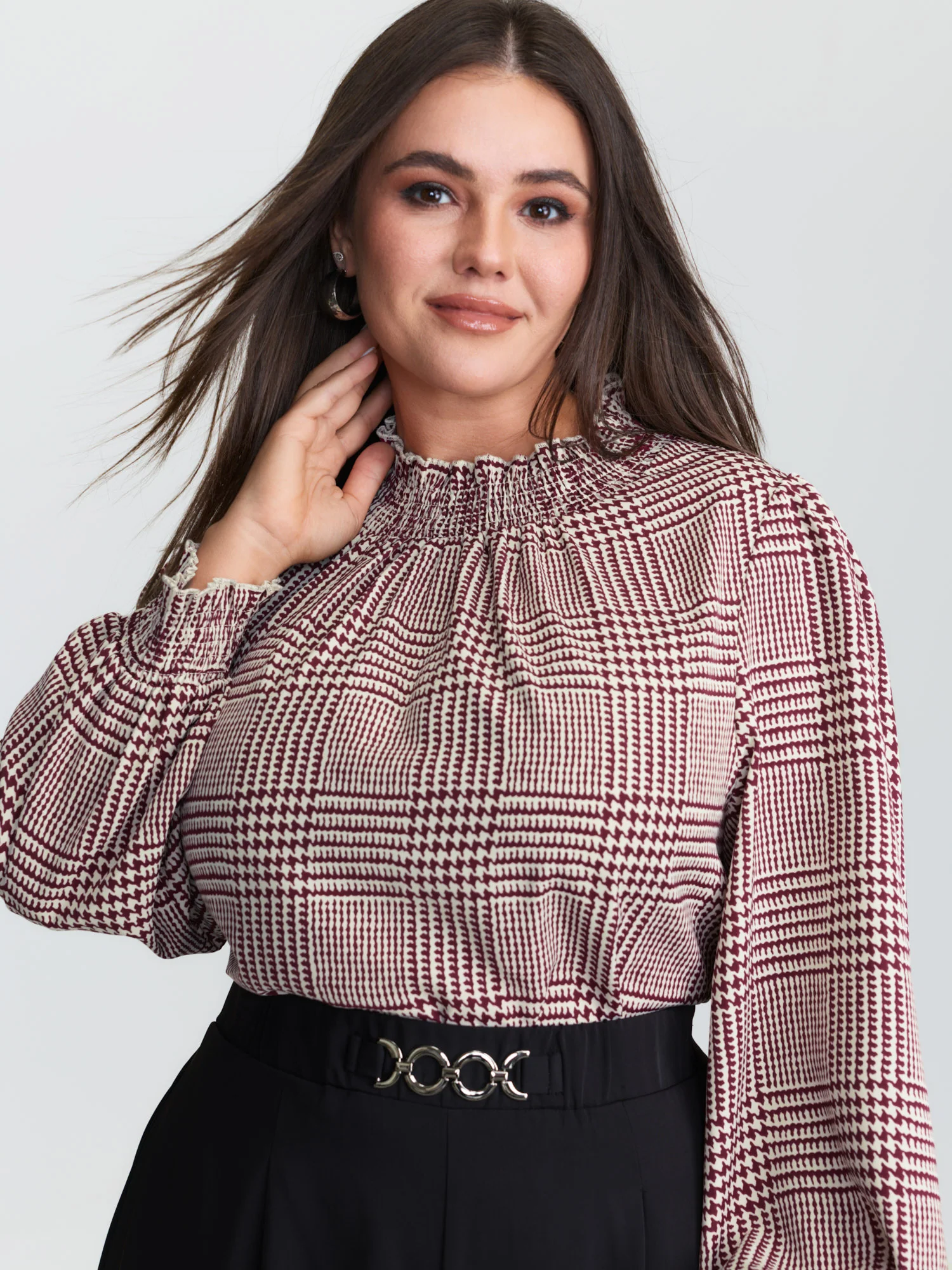 Houndstooth Pattern Ruffled Collar Blouse - Image 4