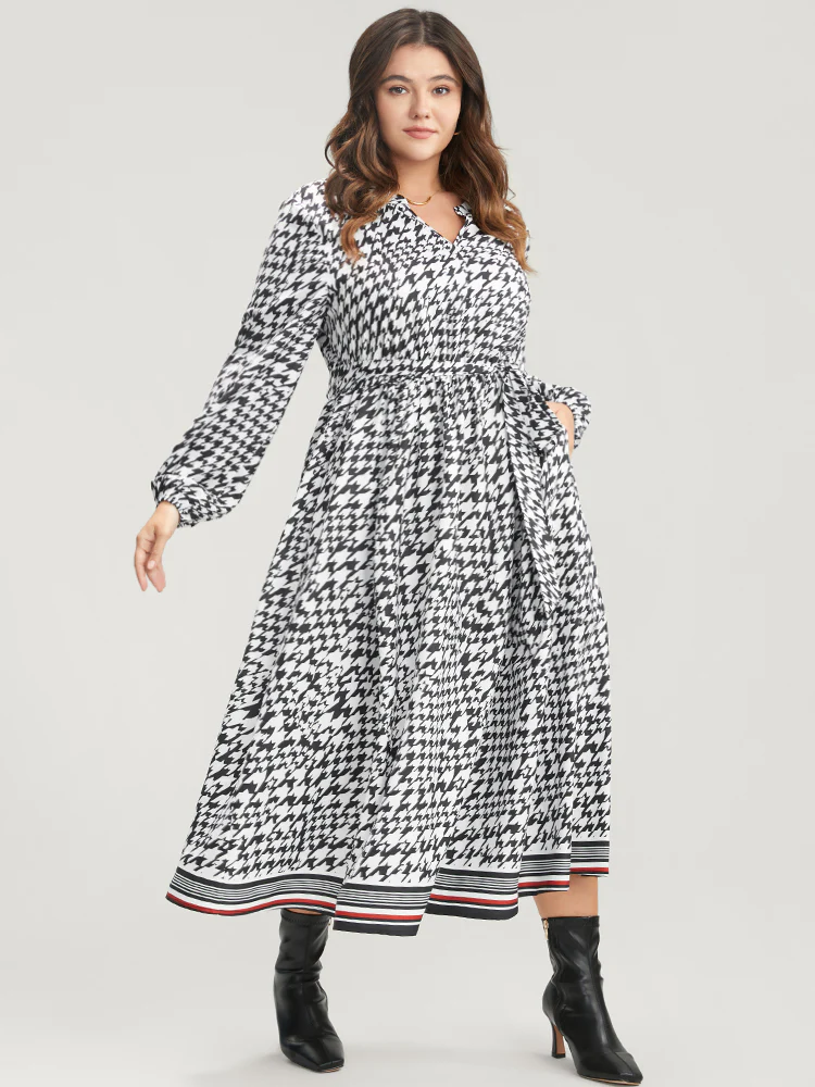 Houndstooth Print Pocket Lantern Sleeve Belted Dress
