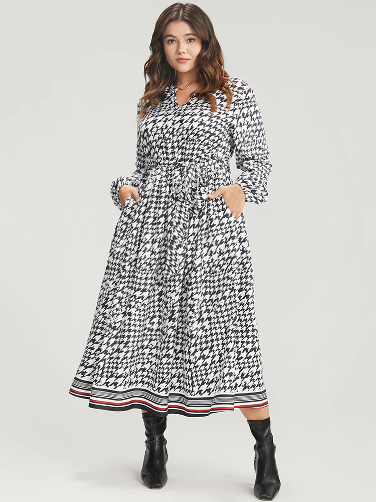 Houndstooth Print Pocket Lantern Sleeve Belted Dress - Image 2