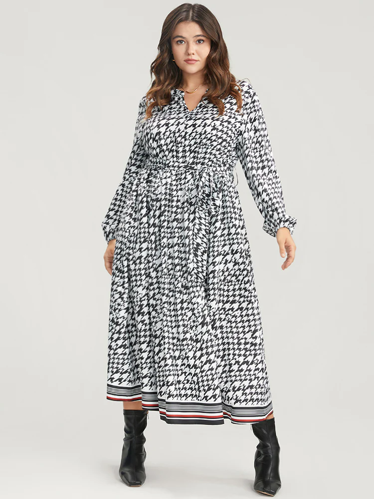 Houndstooth Print Pocket Lantern Sleeve Belted Dress - Image 3