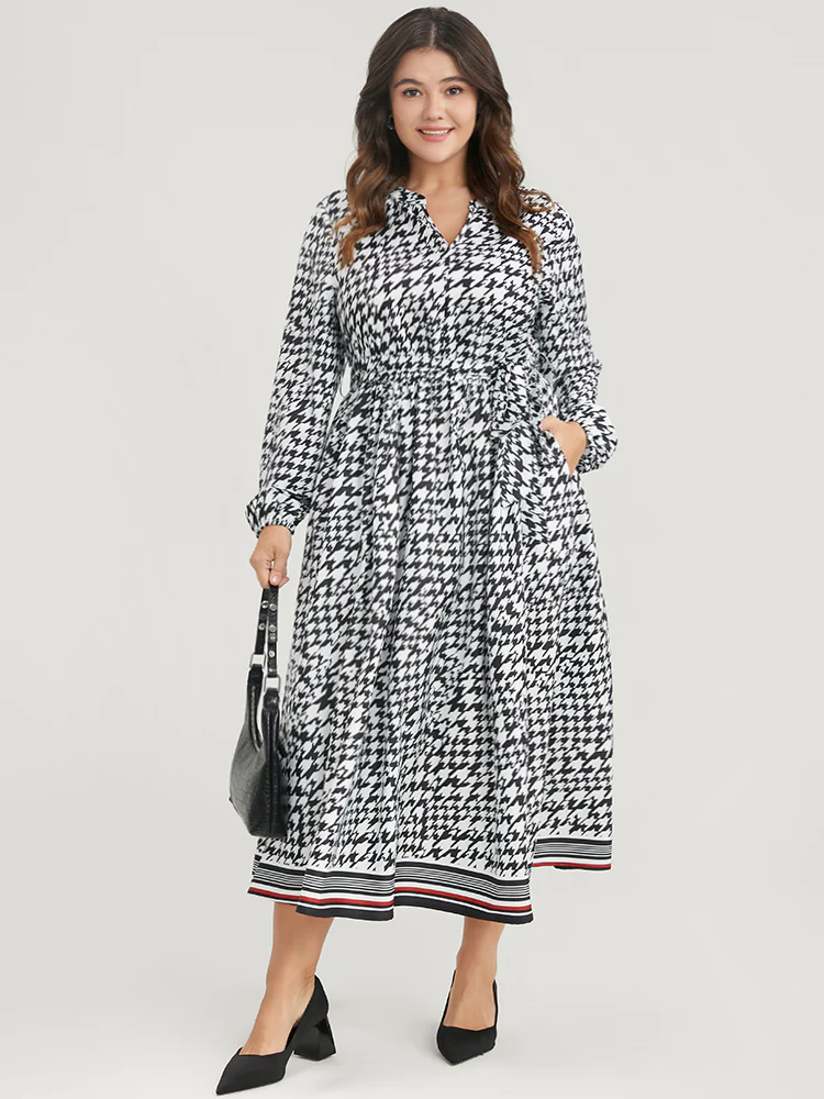 Houndstooth Print Pocket Lantern Sleeve Belted Dress - Image 4