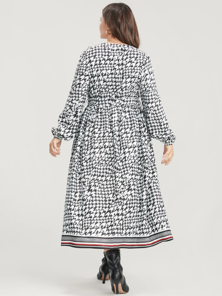 Houndstooth Print Pocket Lantern Sleeve Belted Dress - Image 5