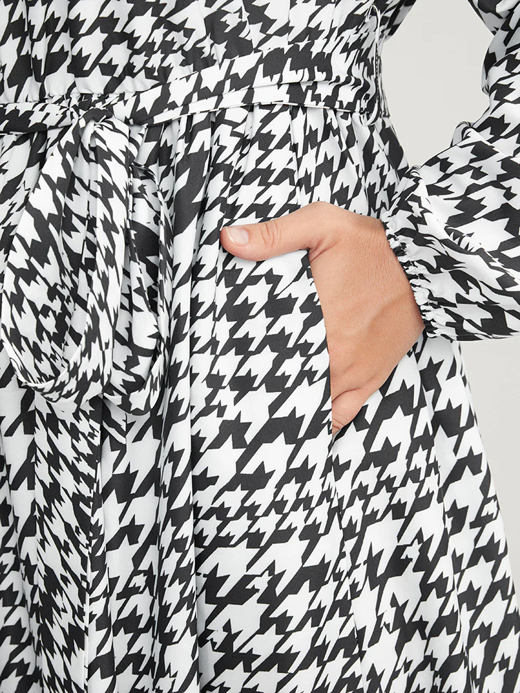 Houndstooth Print Pocket Lantern Sleeve Belted Dress - Image 7