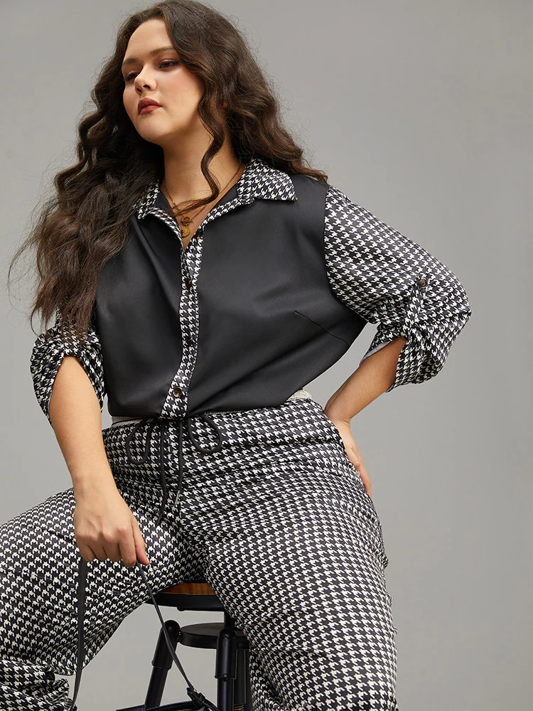 Twill Houndstooth Tab Sleeve Patchwork Blouse - Image 2