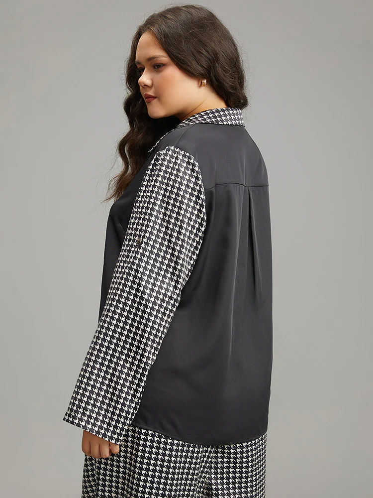 Twill Houndstooth Tab Sleeve Patchwork Blouse - Image 3