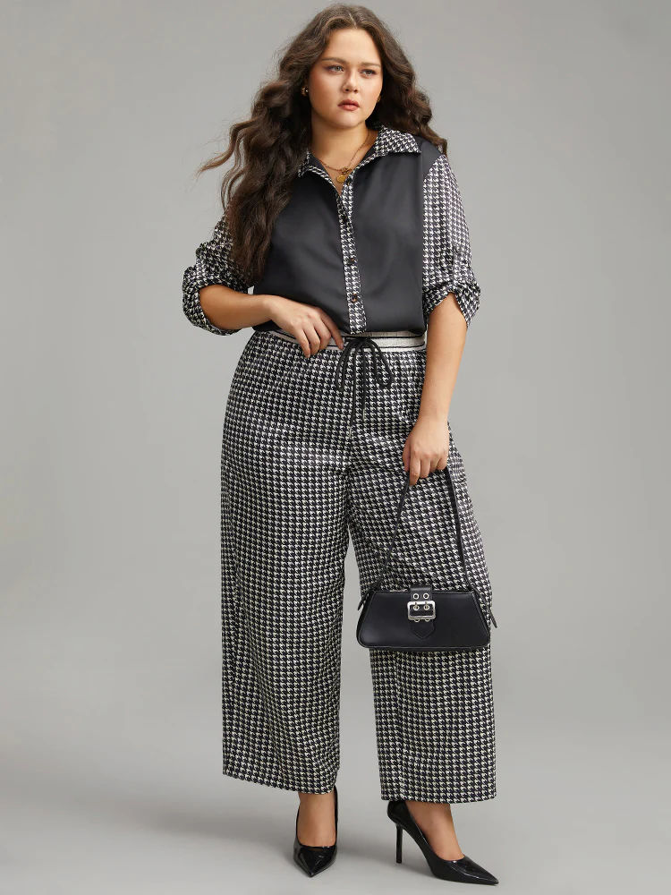 Twill Houndstooth Tab Sleeve Patchwork Blouse - Image 4