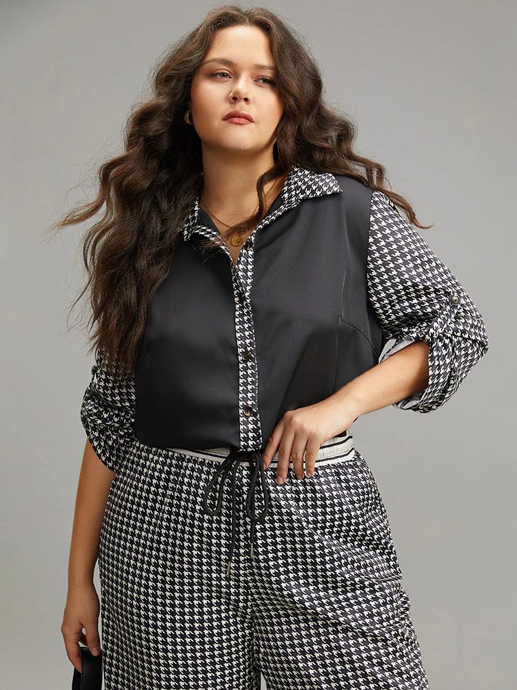 Twill Houndstooth Tab Sleeve Patchwork Blouse - Image 6
