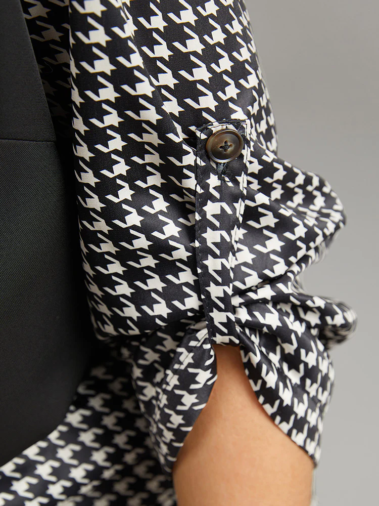 Twill Houndstooth Tab Sleeve Patchwork Blouse - Image 7
