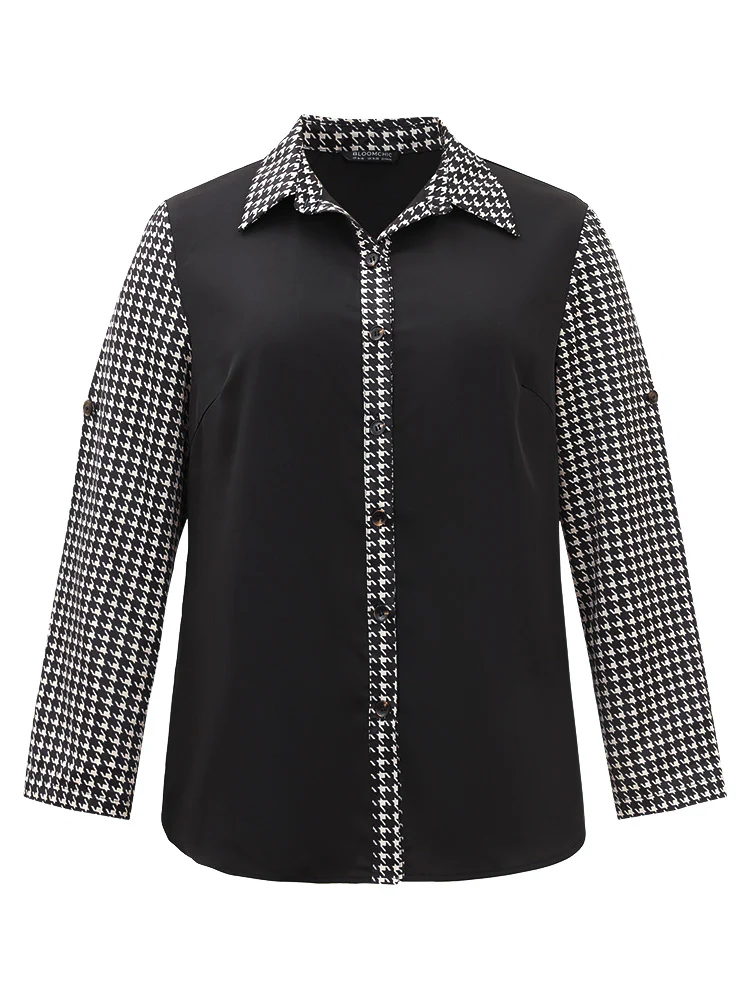 Twill Houndstooth Tab Sleeve Patchwork Blouse - Image 8