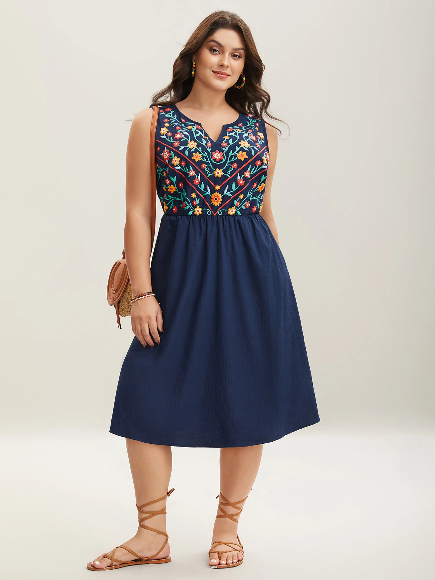 Imitation Embroidery Woven Sleeveless Midi Dress - Image 2