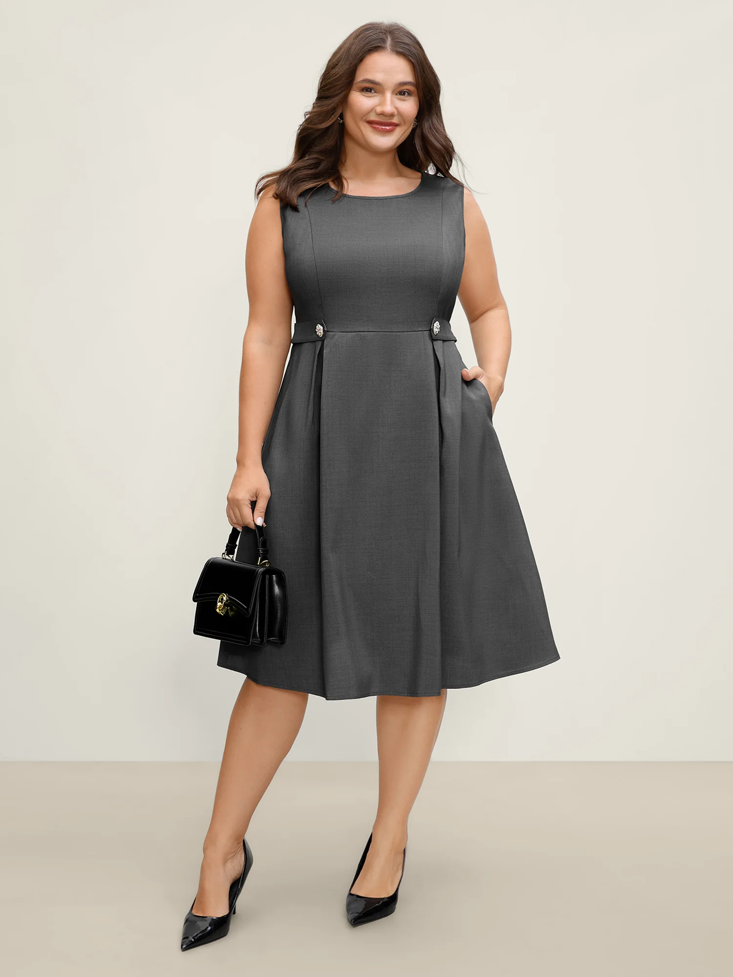 Inner Pleats Waist-Defining Buckle Mini Dress - Image 3