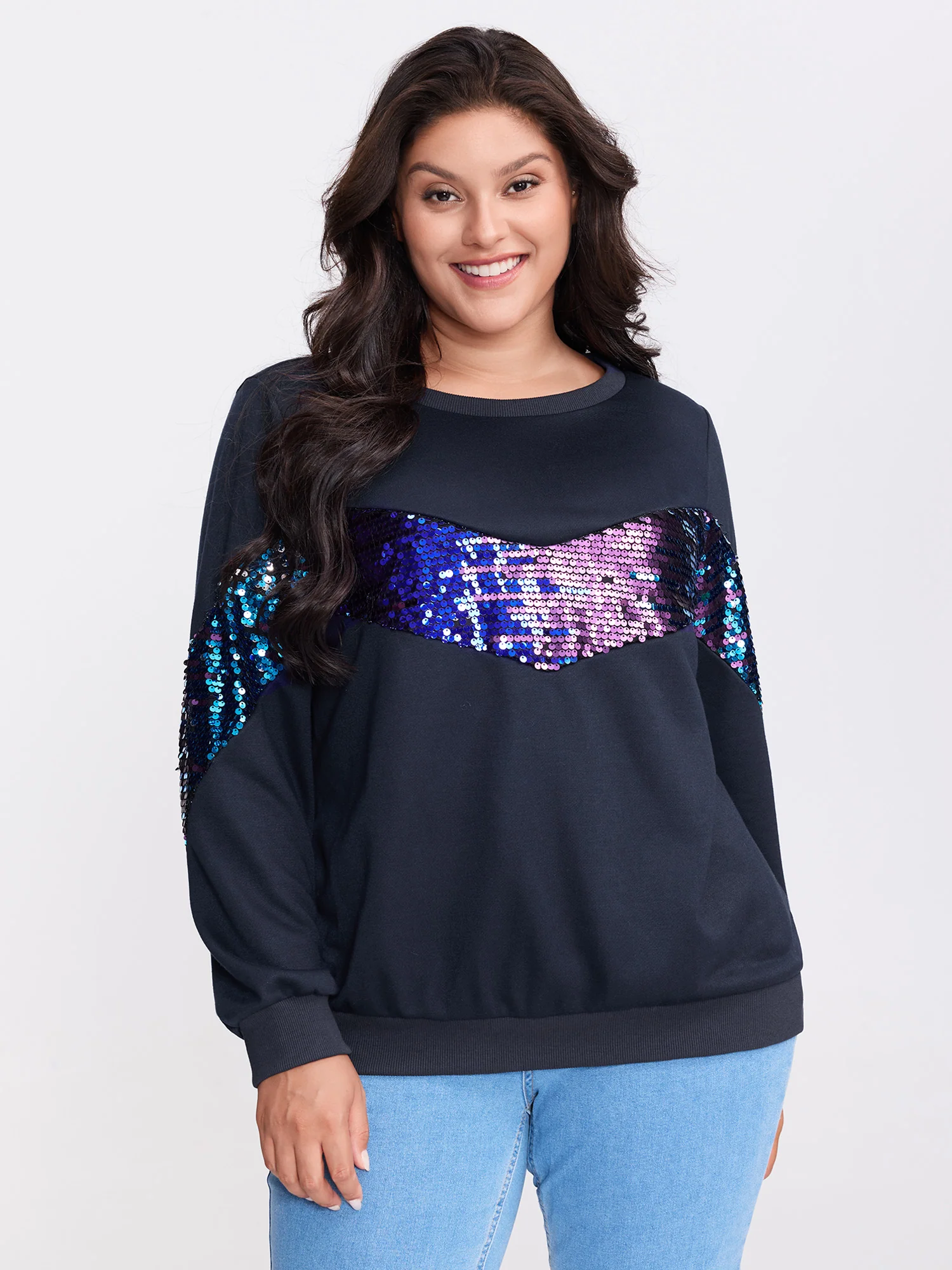 Iridescent Sequin Spliced Round Neck Sweatshirt