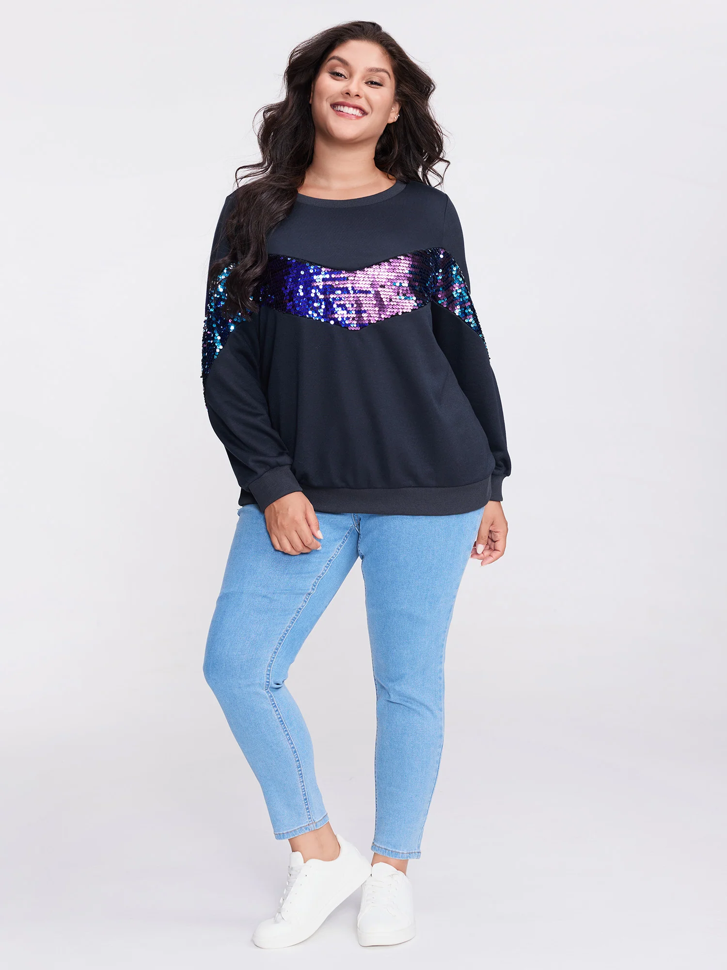 Iridescent Sequin Spliced Round Neck Sweatshirt - Image 3