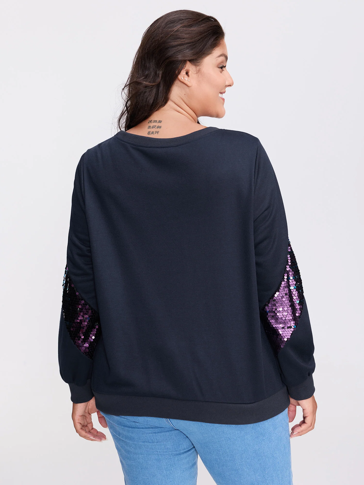 Iridescent Sequin Spliced Round Neck Sweatshirt - Image 4