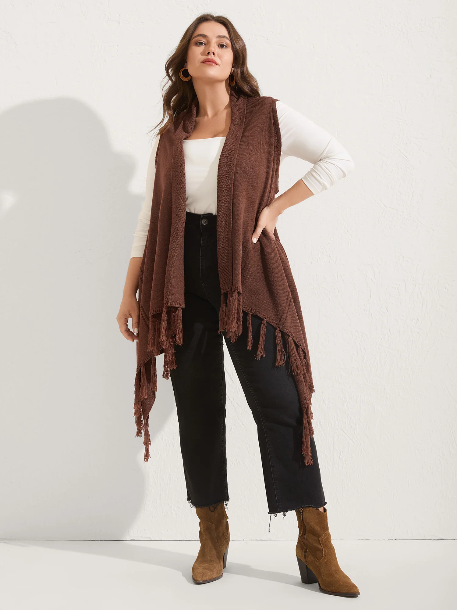 Irregular Hem Sleeveless Tassel Cardigan - Image 3