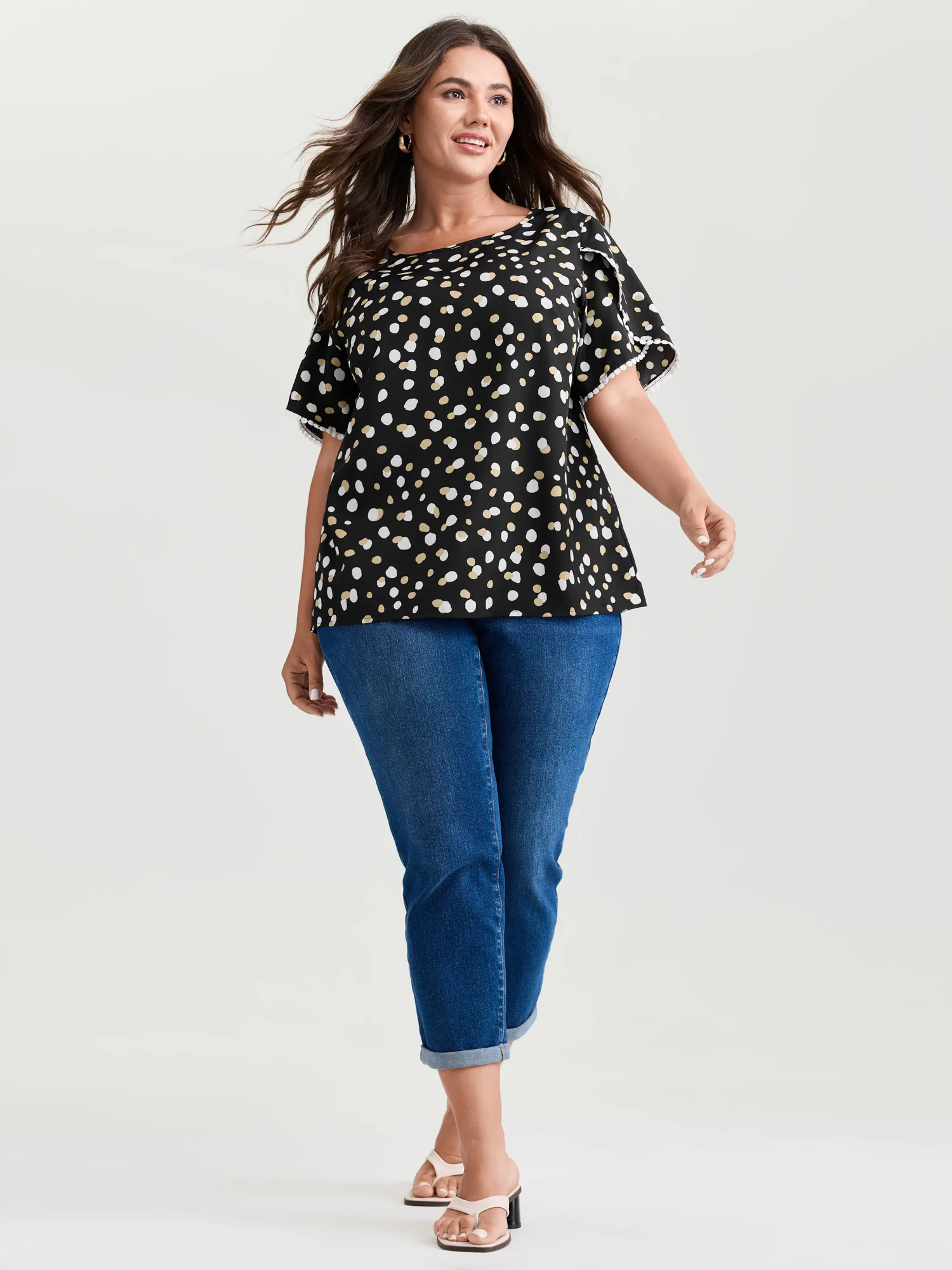 Irregular Polka Dots Print Lace Trim Blouse - Image 2