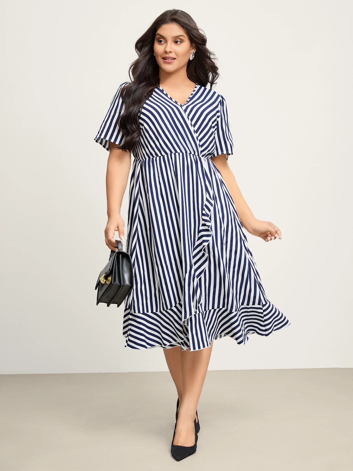 Irregular Stripes High-Waist Pockets Midi Dress