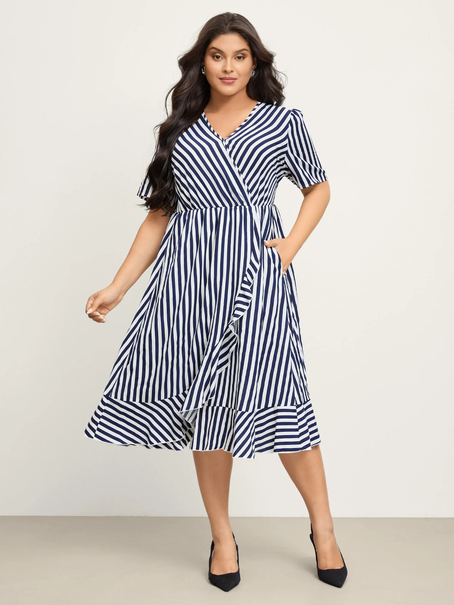 Irregular Stripes High-Waist Pockets Midi Dress - Image 3