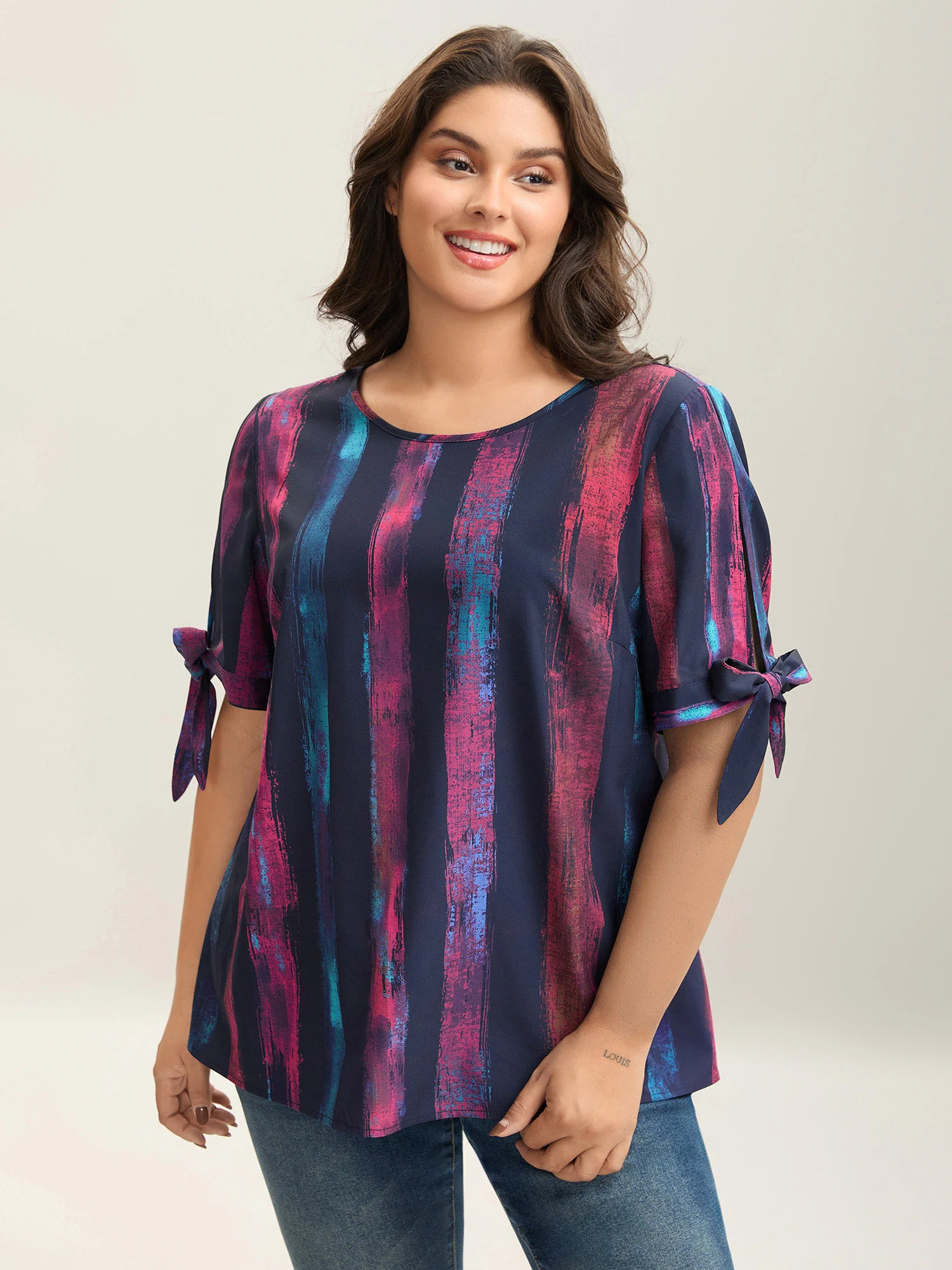 Irregular Stripes Sleeve Tie Blouse