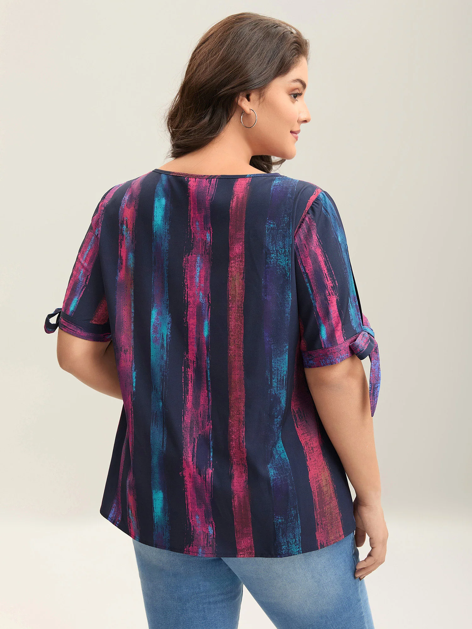 Irregular Stripes Sleeve Tie Blouse - Image 2