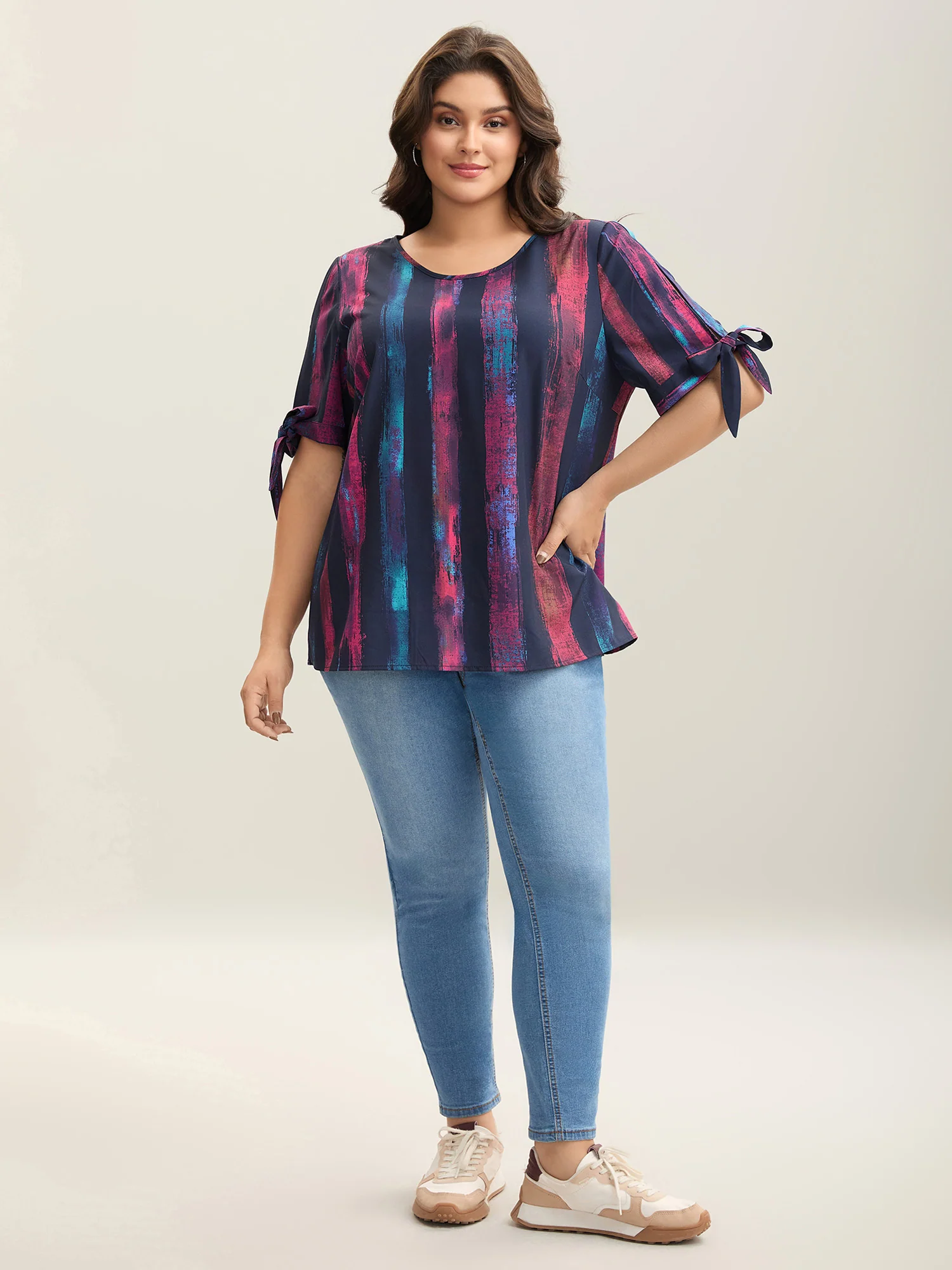 Irregular Stripes Sleeve Tie Blouse - Image 3