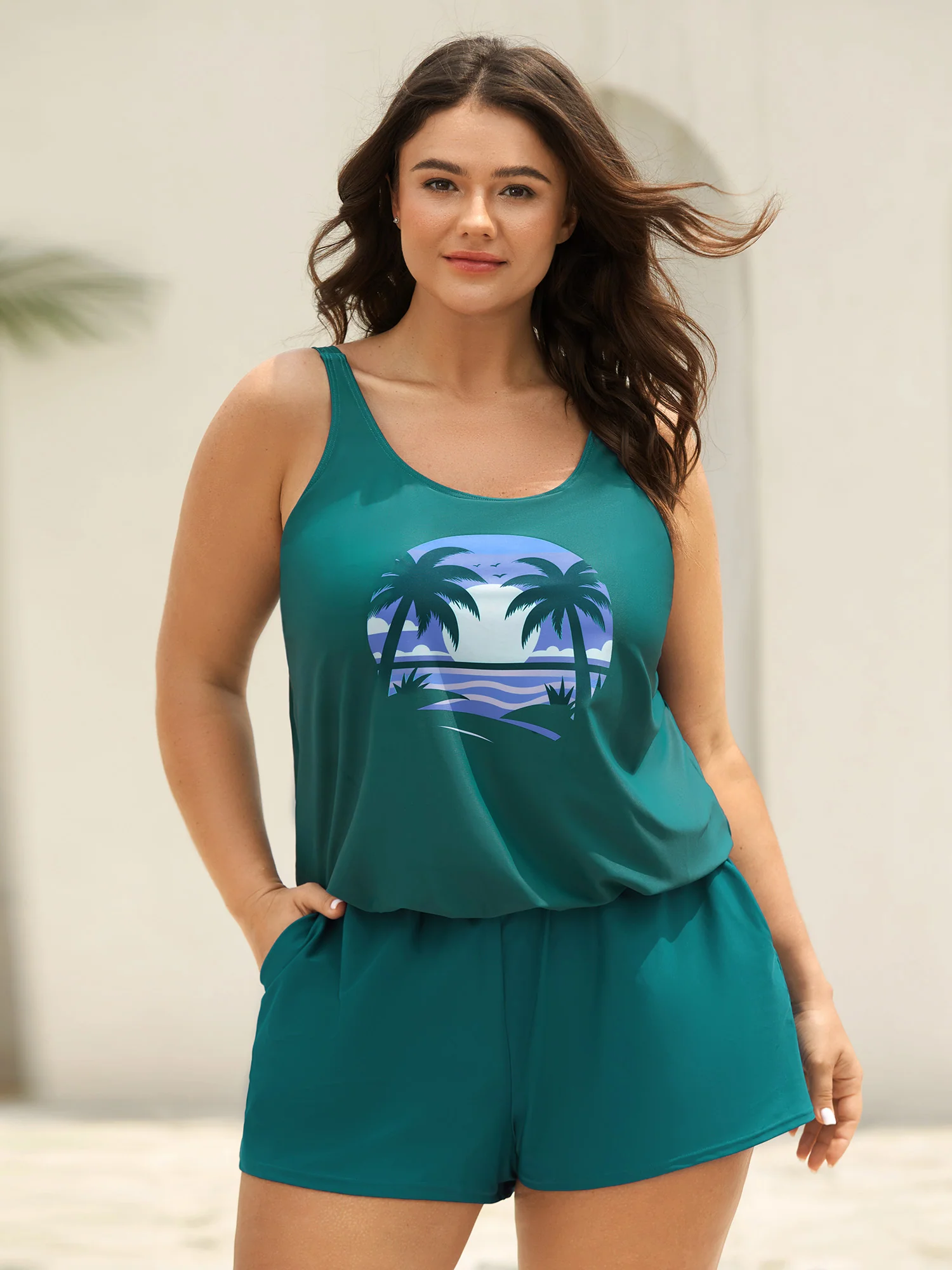 Island Pattern Pockets One-Piece Swimsuit - Image 16