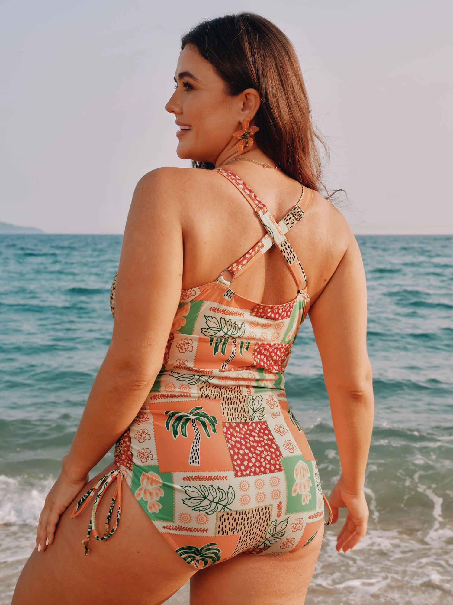 Island Print Channel Drawstring One-Piece Swimsuit - Image 4