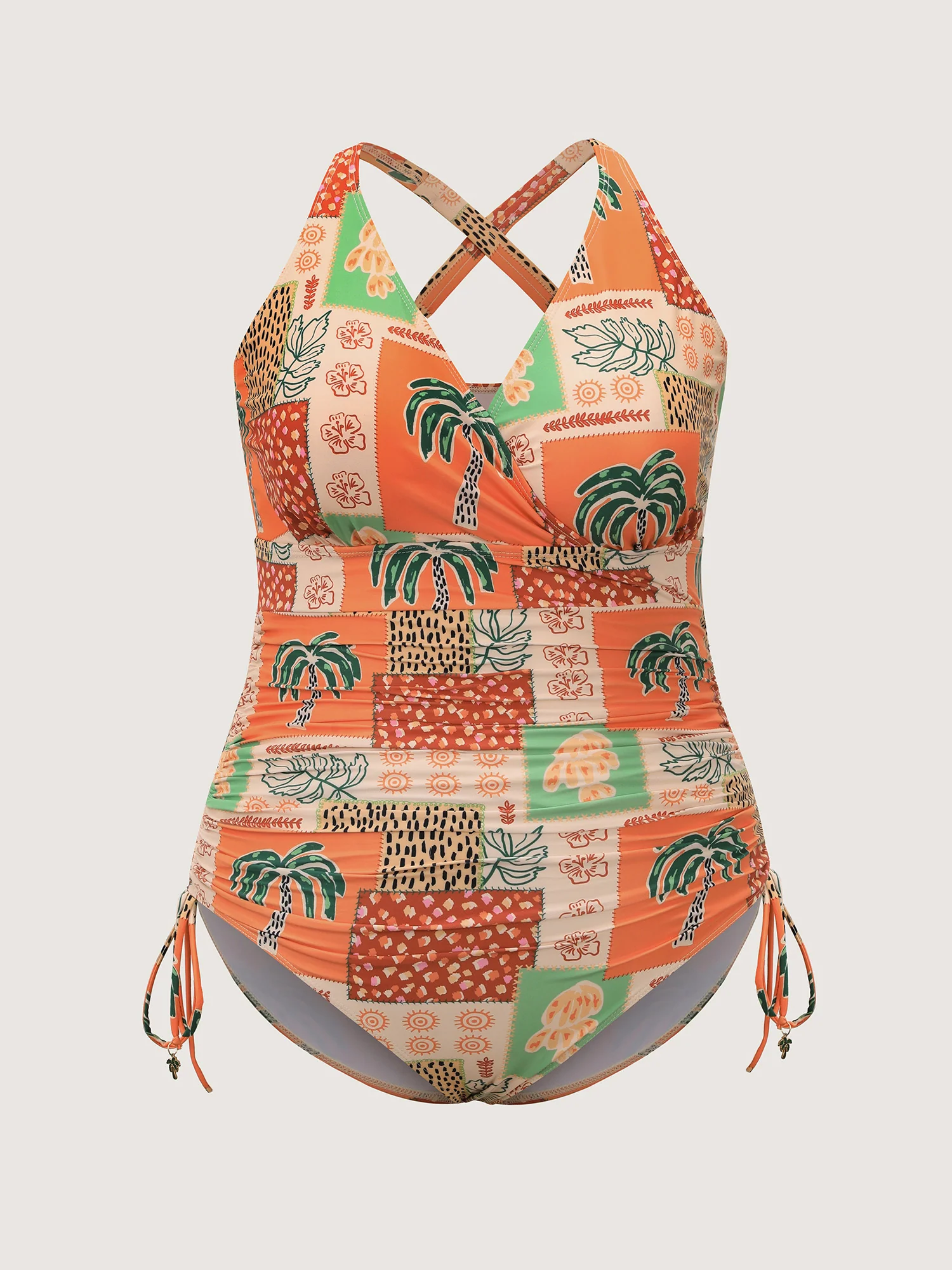 Island Print Channel Drawstring One-Piece Swimsuit - Image 5