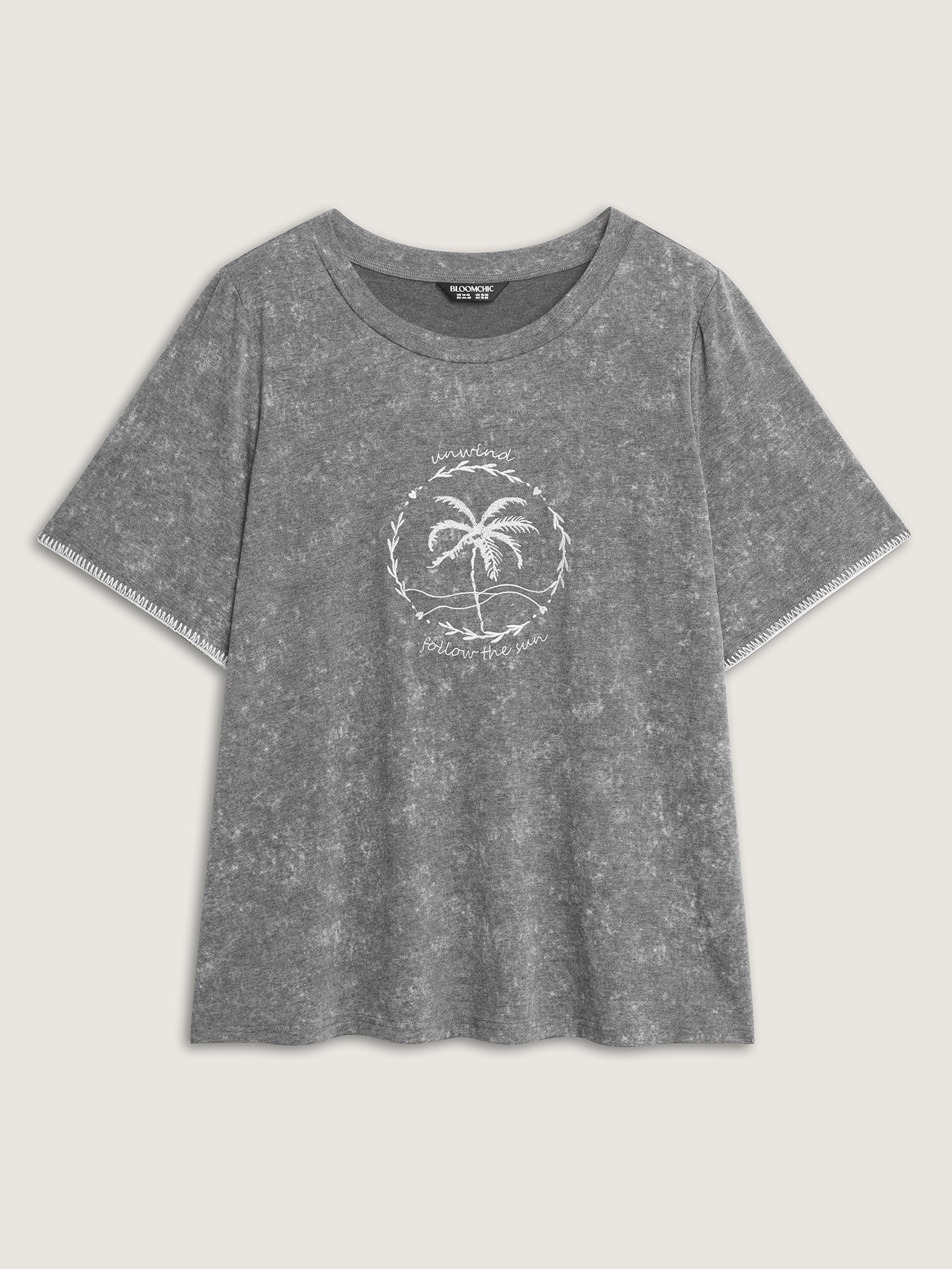 Island Print Embroidered Round Neck T-Shirt - Image 7
