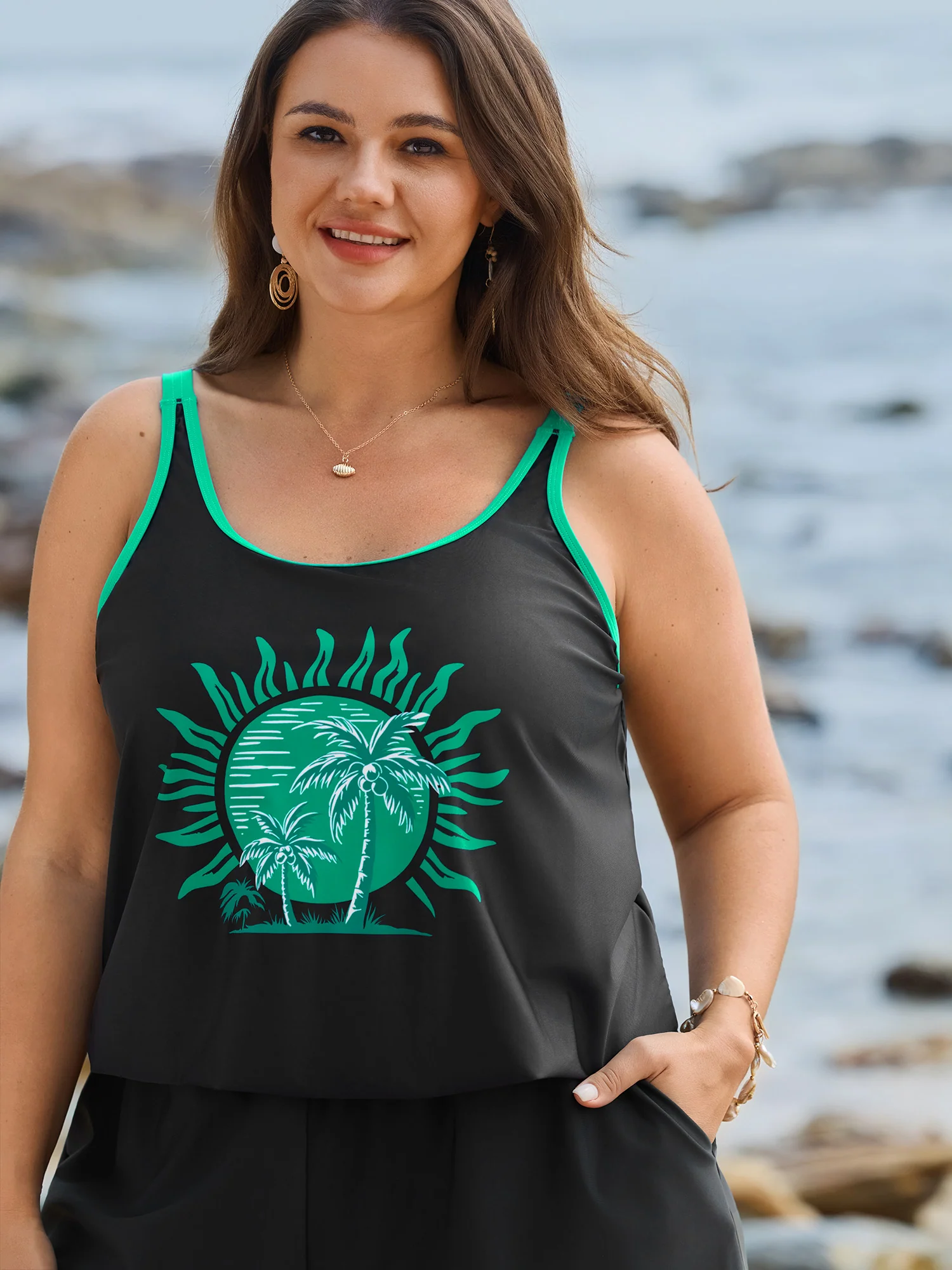 Island Print Pockets One-Piece Swimsuit - Image 2
