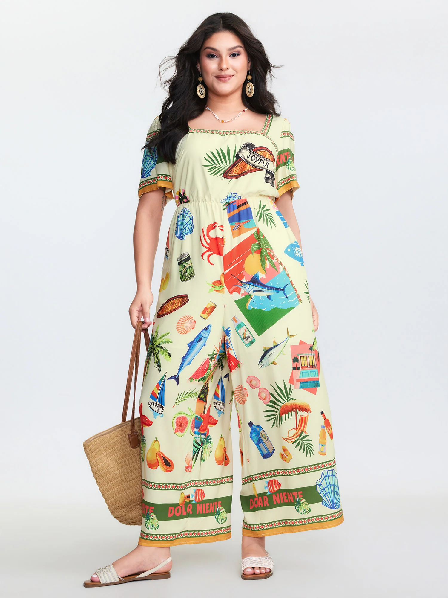 Island Print Square Neckline Jumpsuit