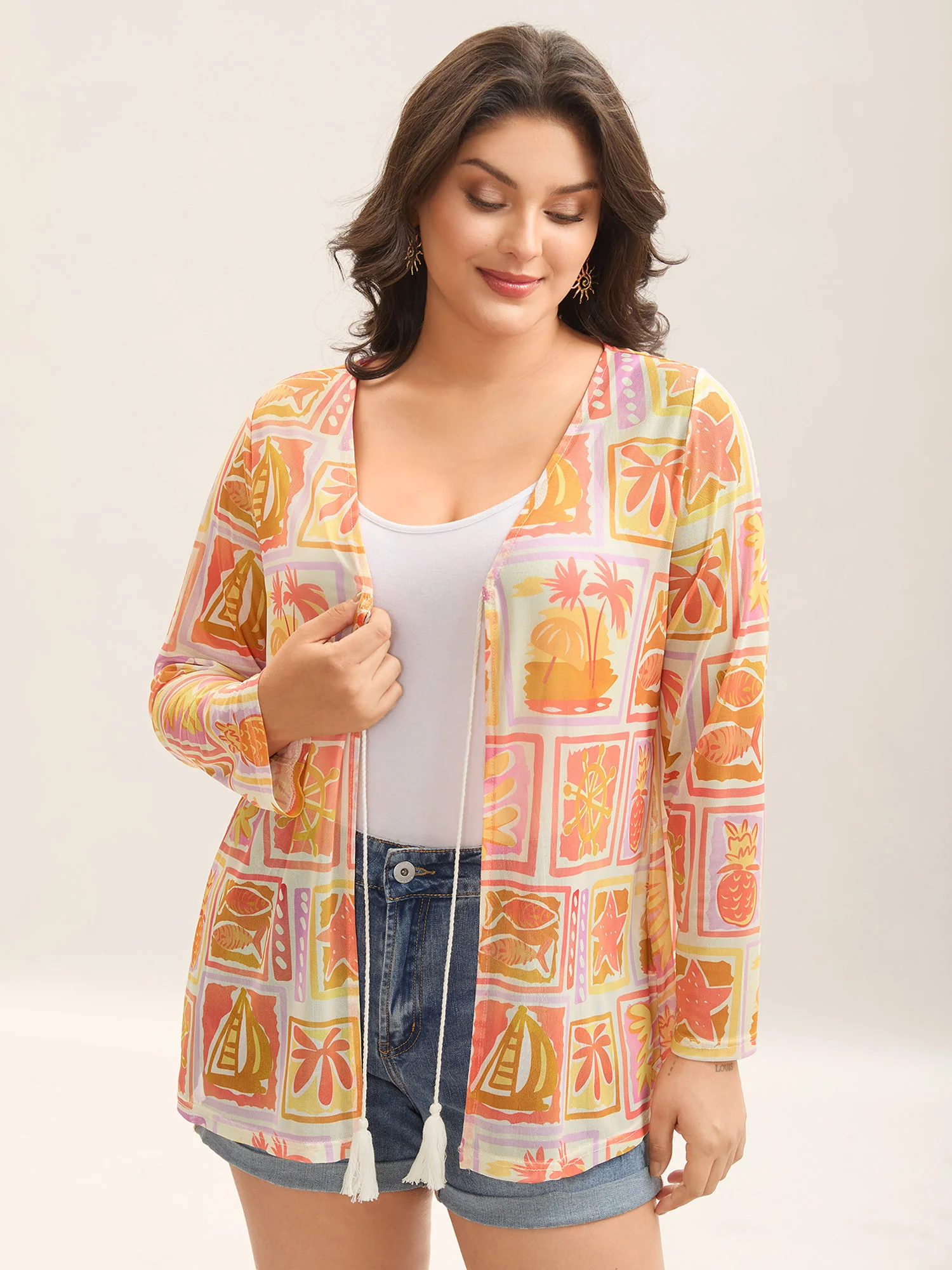 Island Ready Print Mesh Tassels Kimono - Image 4