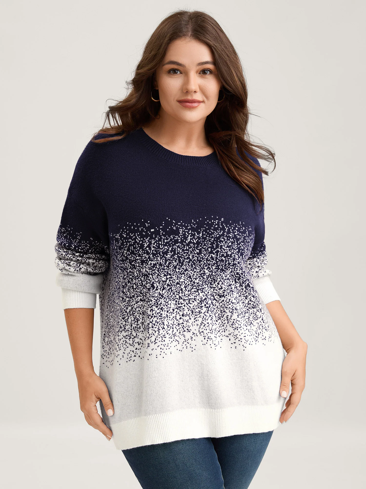 Jacquard Color Blend Ribbed Hem Pullover - Image 10