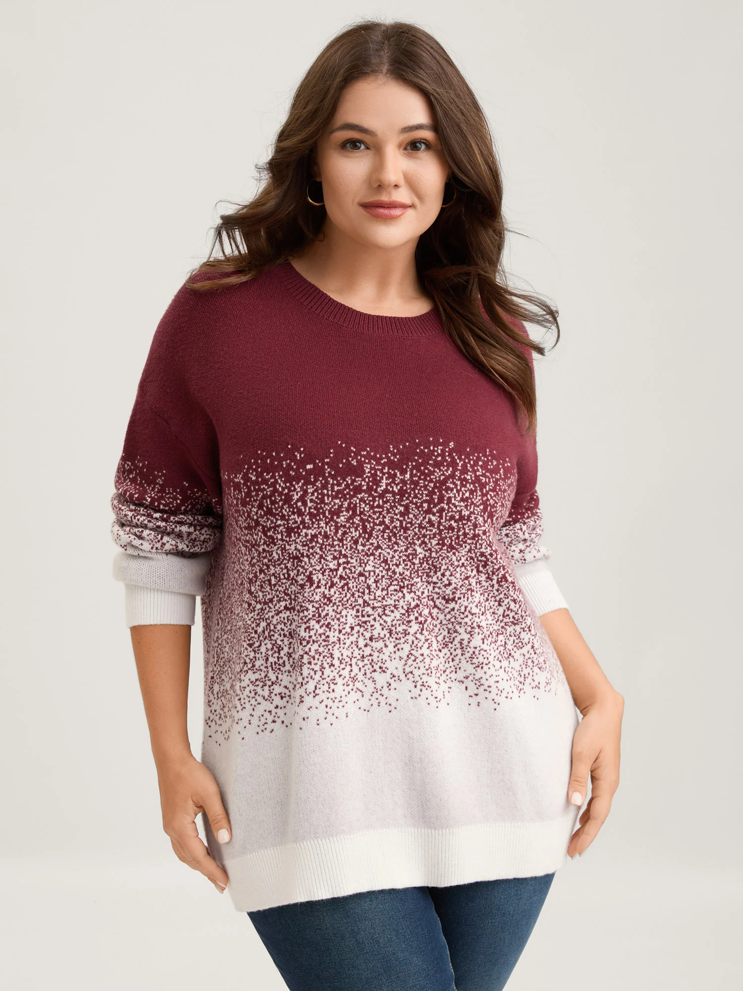 Jacquard Color Blend Ribbed Hem Pullover - Image 3
